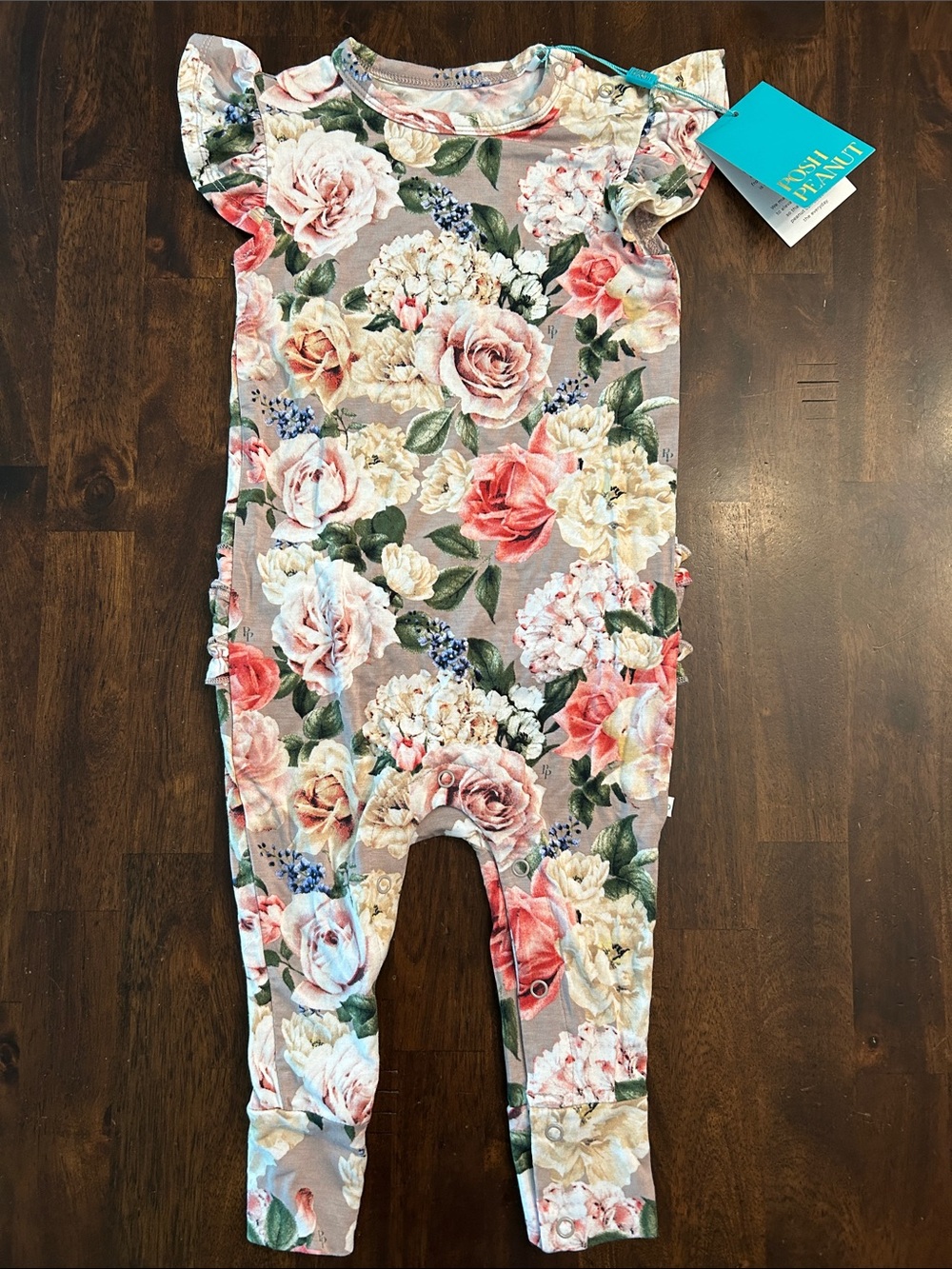 Posh Peanut Floral Ruffle-Sleeve One-Piece Romper - Pink, Cream, Green, Gray